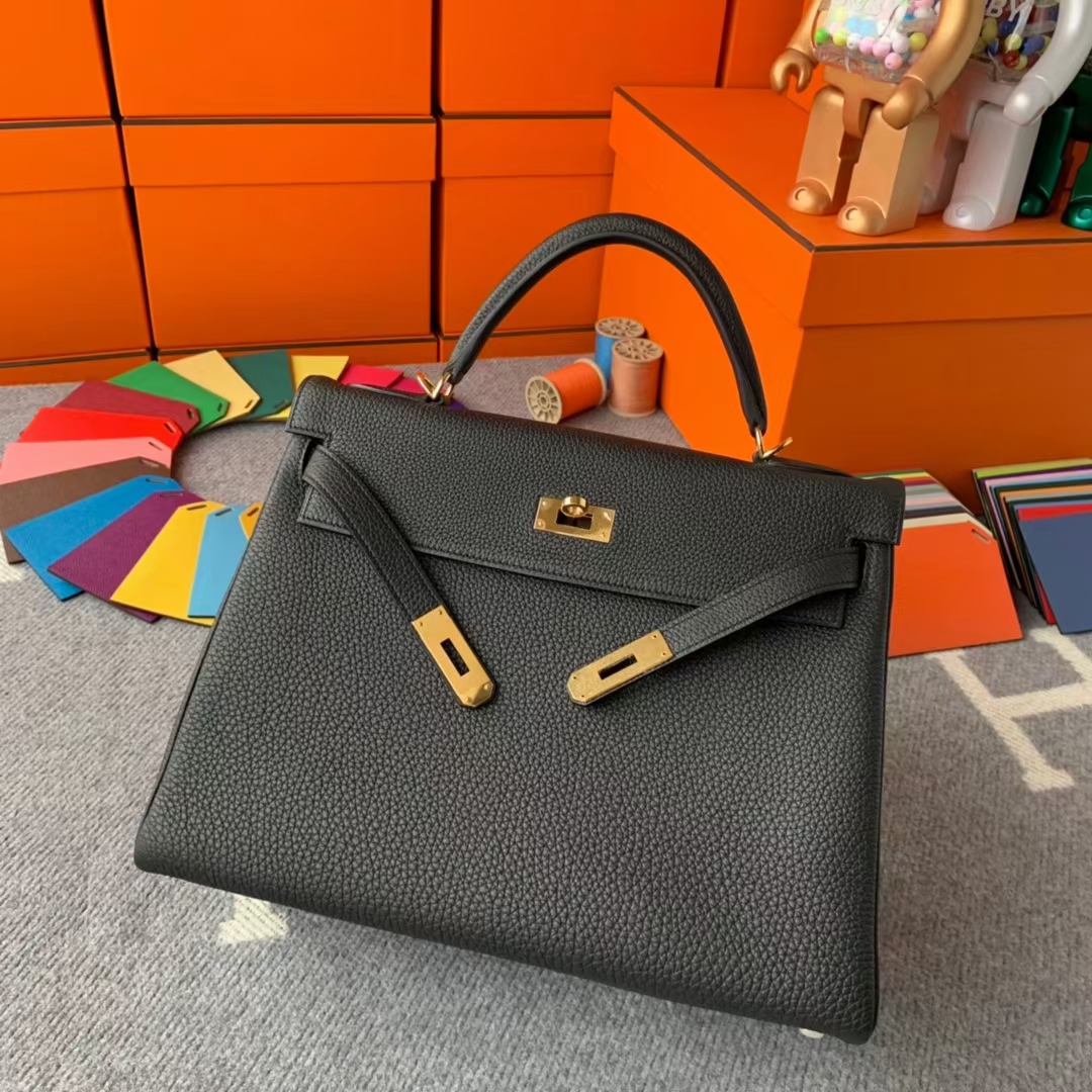 Hermès（爱马仕）Kelly 凯莉包 CK89黑色 原厂御用顶级小牛皮 金扣 32cm 现货