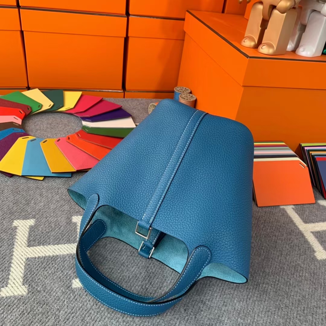 Hermès（爱马仕）Picotin Lock 菜篮包 牛仔蓝 原厂御用顶级TC 皮 银扣 18cm
