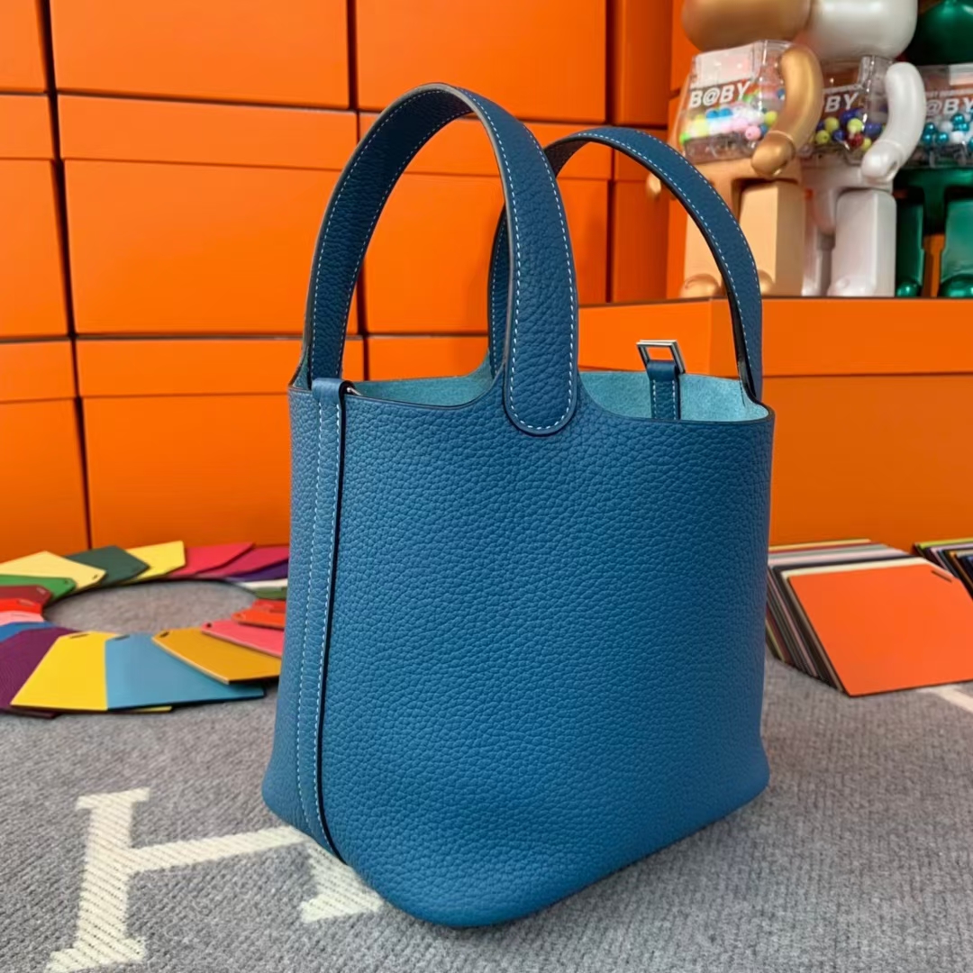 Hermès（爱马仕）Picotin Lock 菜篮包 牛仔蓝 原厂御用顶级TC 皮 银扣 18cm