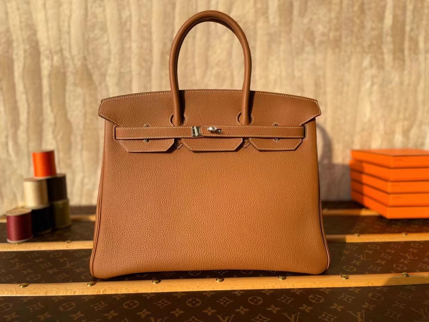 Hermès（爱马仕）Birkin 铂金包 金棕色 TOGO 小牛皮 银扣 35cm