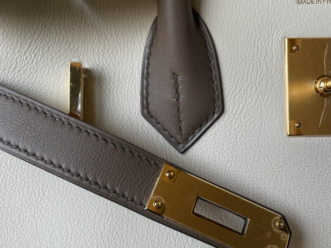 Hermès（爱马仕）Birkin 铂金包 奶昔白 拼 沥青灰 SWIFT皮 金扣 30cm