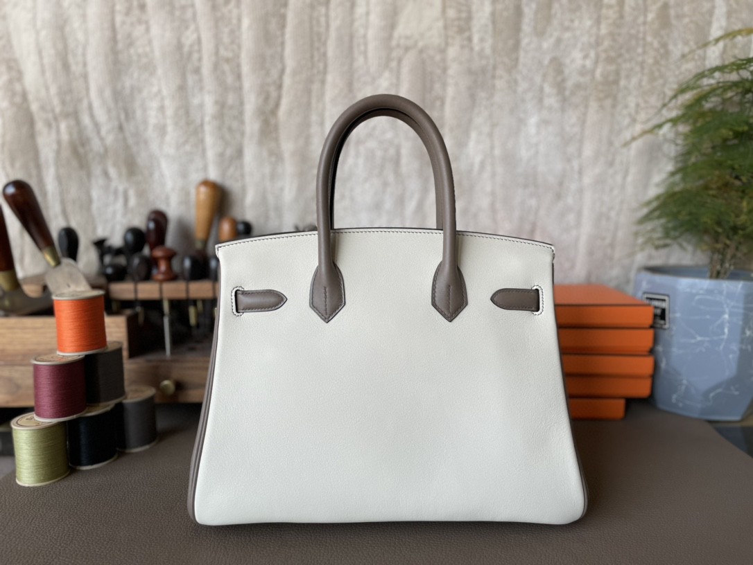 Hermès（爱马仕）Birkin 铂金包 奶昔白 拼 沥青灰 SWIFT皮 金扣 30cm