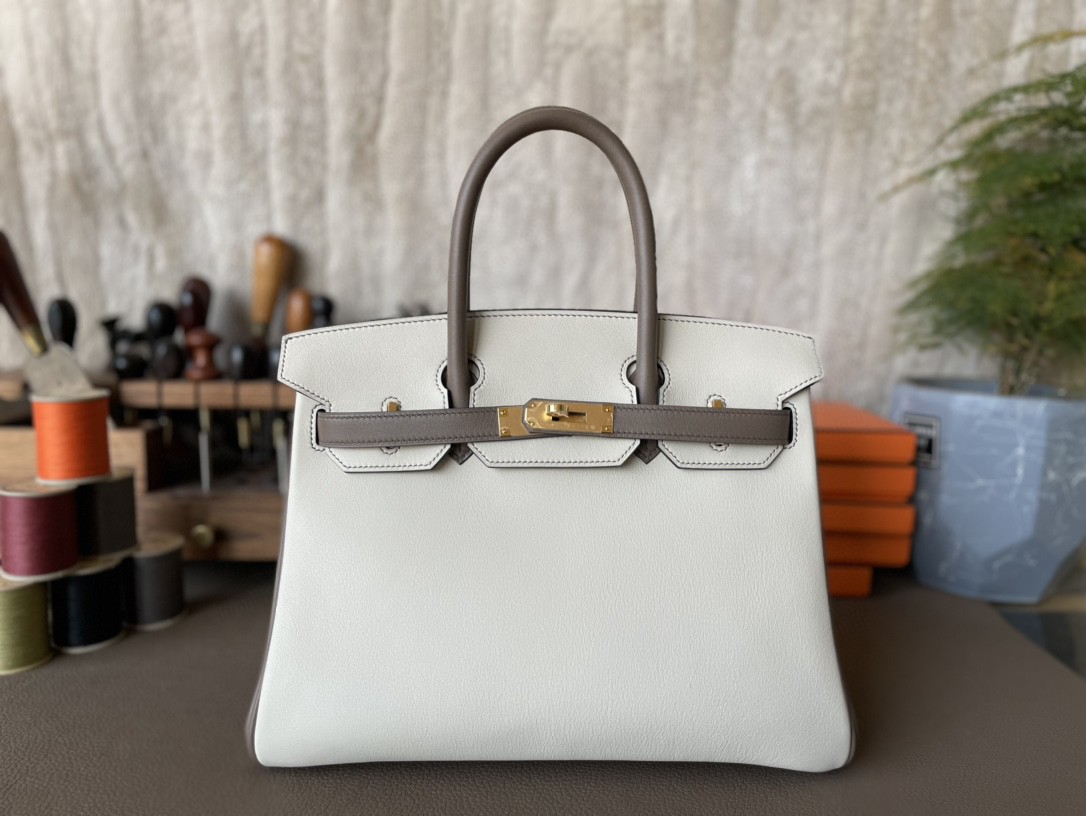 Hermès（爱马仕）Birkin 铂金包 奶昔白 拼 沥青灰 SWIFT皮 金扣 30cm