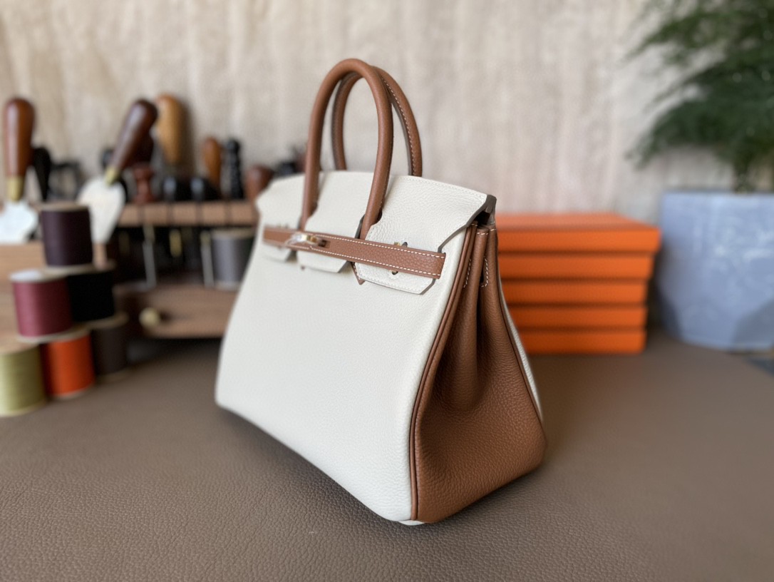 Hermès（爱马仕）Birkin 铂金包 奶昔白拼金棕色 TOGO 顶级小牛皮 金扣 25cm