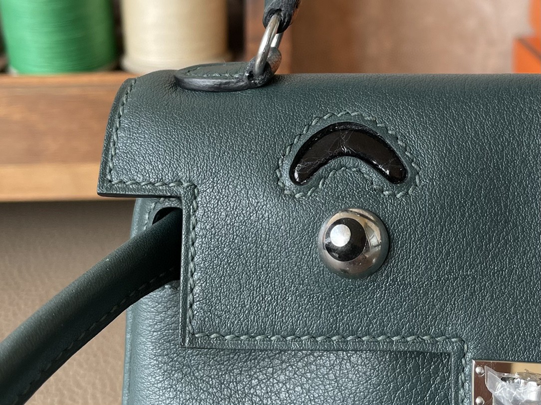Hermès（爱马仕）Kelly doll 娃娃包 墨绿色 拼 黑色 亮美洲鳄鱼 拼 Swift  银扣