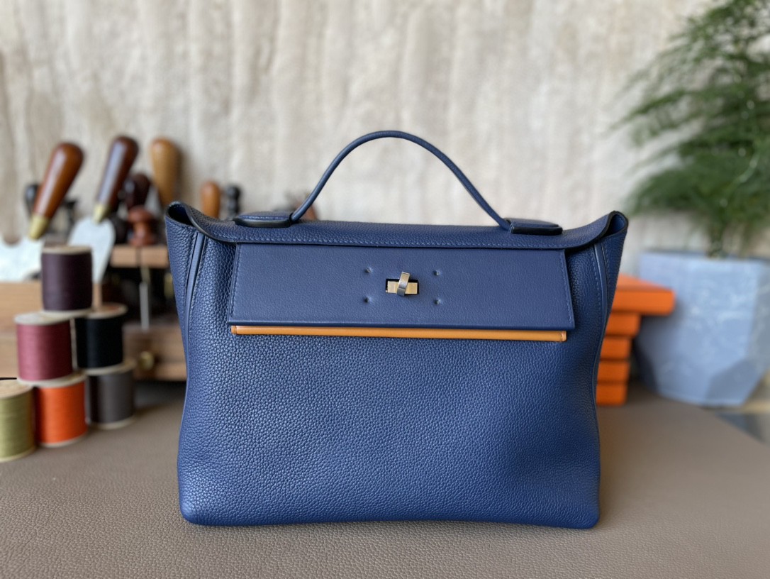 Hermès（爱马仕）2424 宝石蓝 拼 芝麻色 EC皮 银扣
