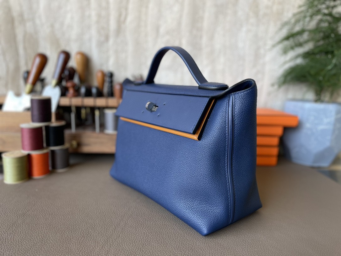 Hermès（爱马仕）2424 宝石蓝 拼 芝麻色 EC皮 银扣