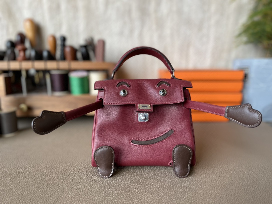Hermès（爱马仕）Kelly doll 娃娃包 石榴红 拼 深咖色 亮美洲鳄鱼 拼 Swift  银扣