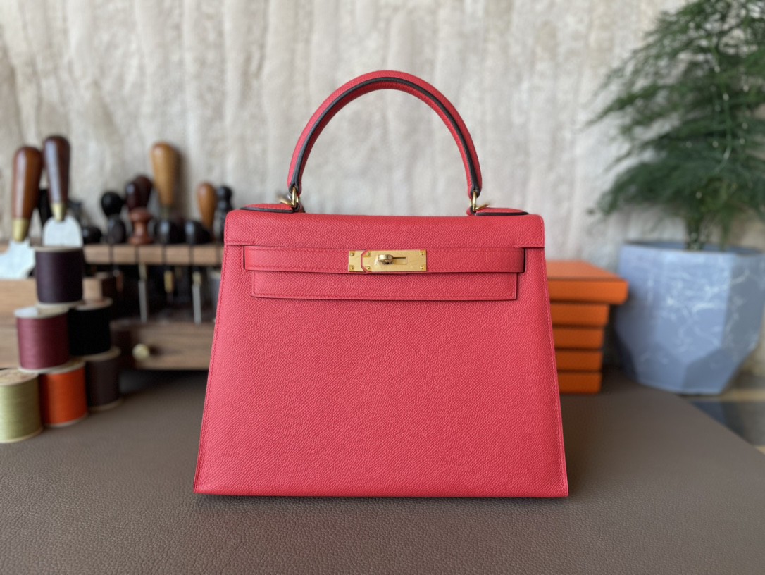 Hermès（爱马仕）Kelly 凯莉包 番茄红 Epsom 掌纹皮 金扣 28cm