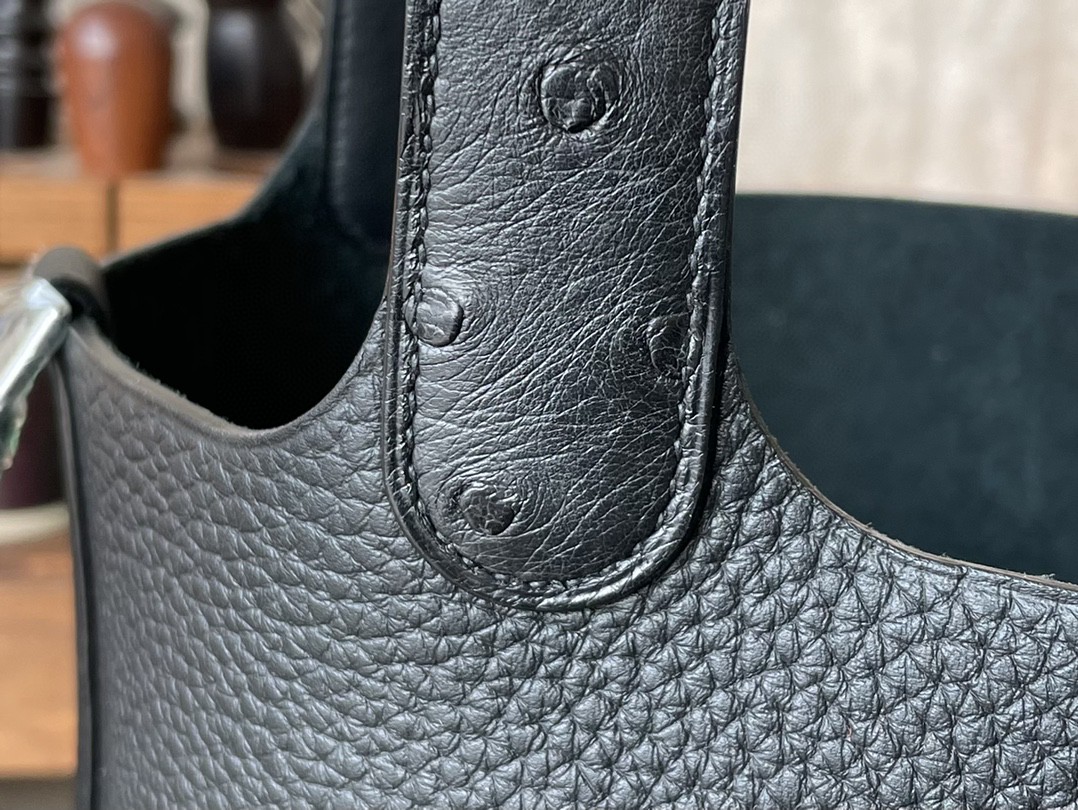 Hermès（爱马仕）Picotin 菜篮子 黑色 TC 拼 鸵鸟皮 银扣 18cm