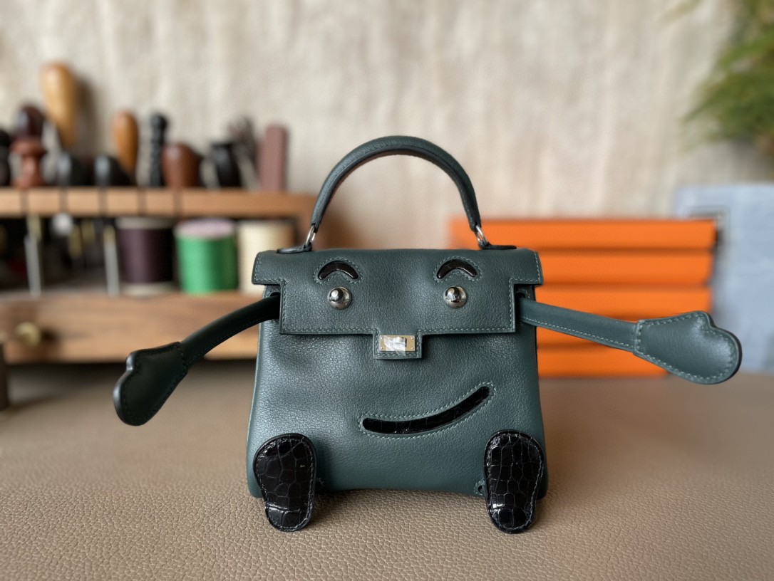 Hermès（爱马仕）Kelly doll 娃娃包 墨绿色 拼 黑色 亮美洲鳄鱼 拼 Swift  银扣