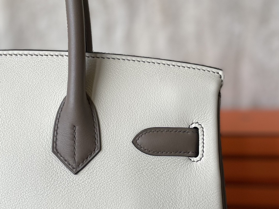 Hermès（爱马仕）Birkin 铂金包 奶昔白 拼 沥青灰 SWIFT皮 金扣 30cm