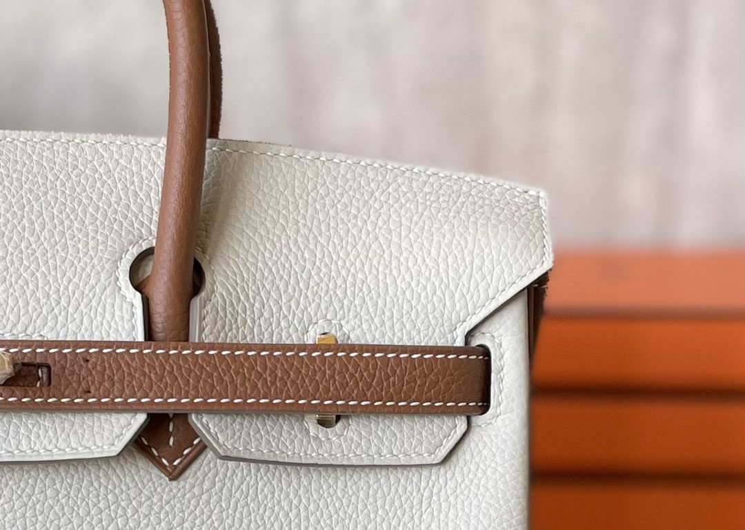 Hermès（爱马仕）Birkin 铂金包 奶昔白拼金棕色 TOGO 顶级小牛皮 金扣 25cm