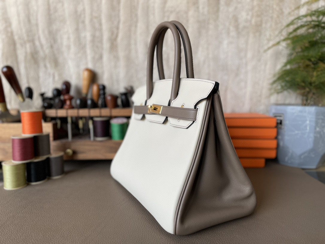 Hermès（爱马仕）Birkin 铂金包 奶昔白 拼 沥青灰 SWIFT皮 金扣 30cm