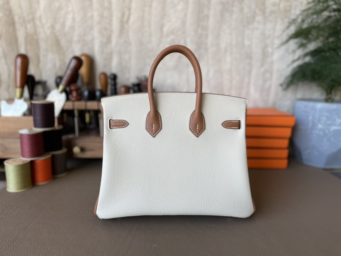 Hermès（爱马仕）Birkin 铂金包 奶昔白拼金棕色 TOGO 顶级小牛皮 金扣 25cm