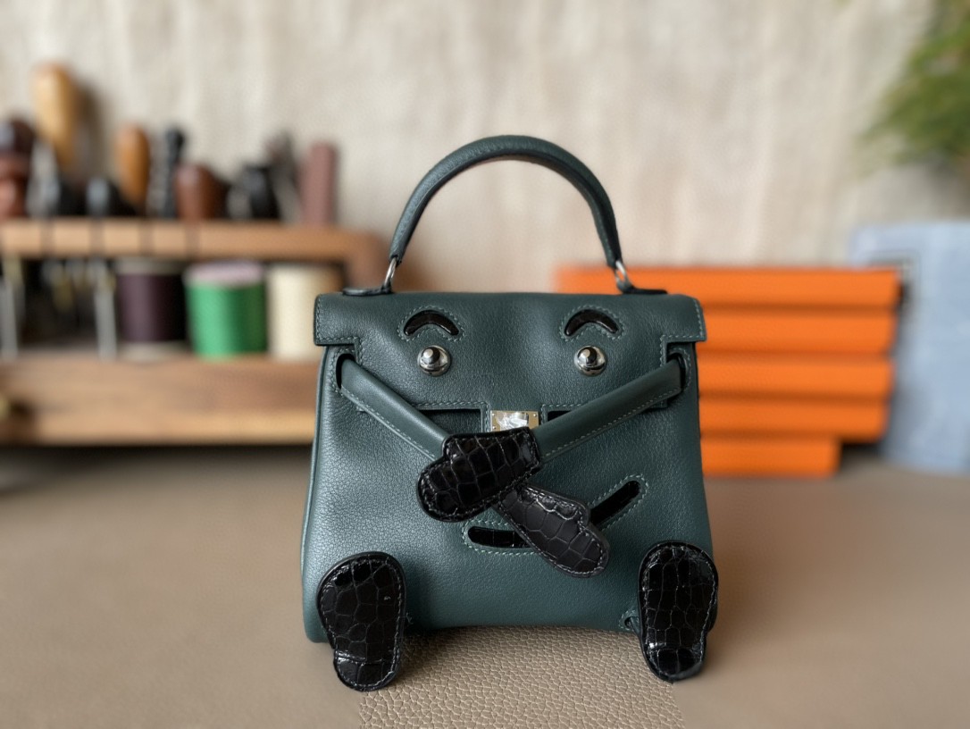 Hermès（爱马仕）Kelly doll 娃娃包 墨绿色 拼 黑色 亮美洲鳄鱼 拼 Swift  银扣