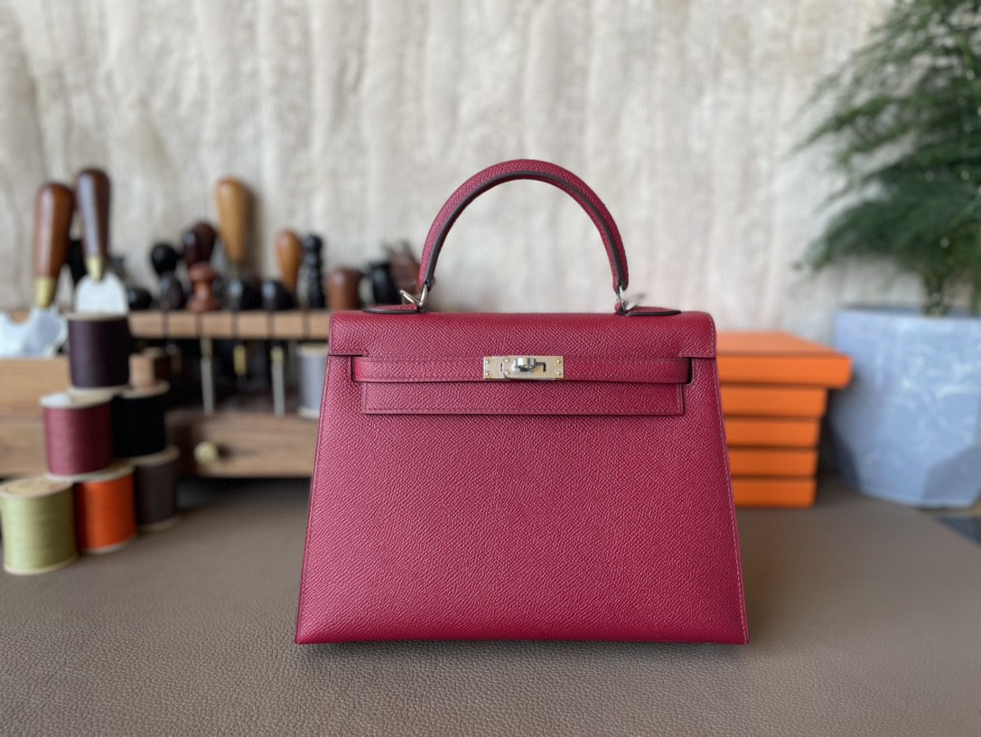 Hermès（爱马仕）Kelly 凯莉包 石榴红 Epsom 掌纹皮 银扣 25cm