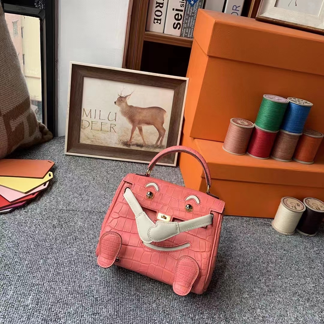 Hermès（爱马仕）Kelly doll 杜鹃红 拼 奶昔白 原厂御用顶级鳄鱼皮 拼 swift 皮 金扣