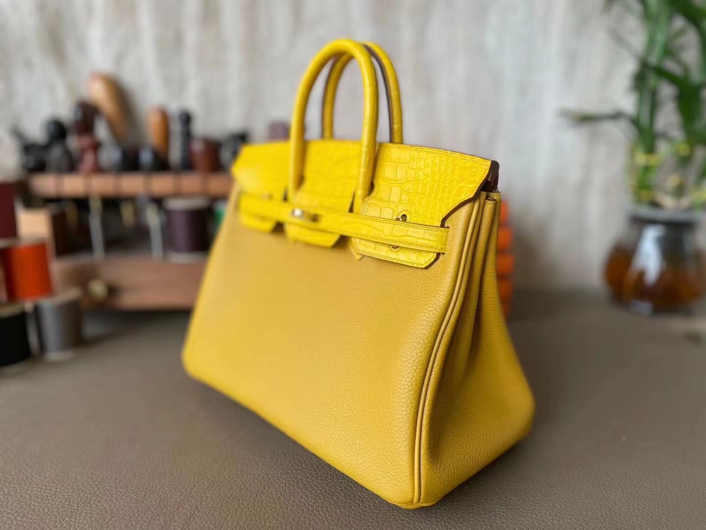 Hermès（爱马仕）Birkin 铂金包 Touch 琥珀黄 TOGO 雾美洲鳄 金扣 25cm