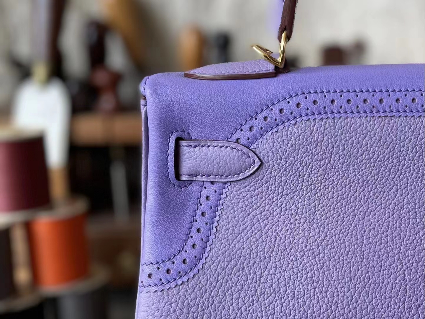 Hermès（爱马仕）Kelly 凯莉包 蕾丝 香芋紫 Togo 拼 swift 皮 金扣 28cm