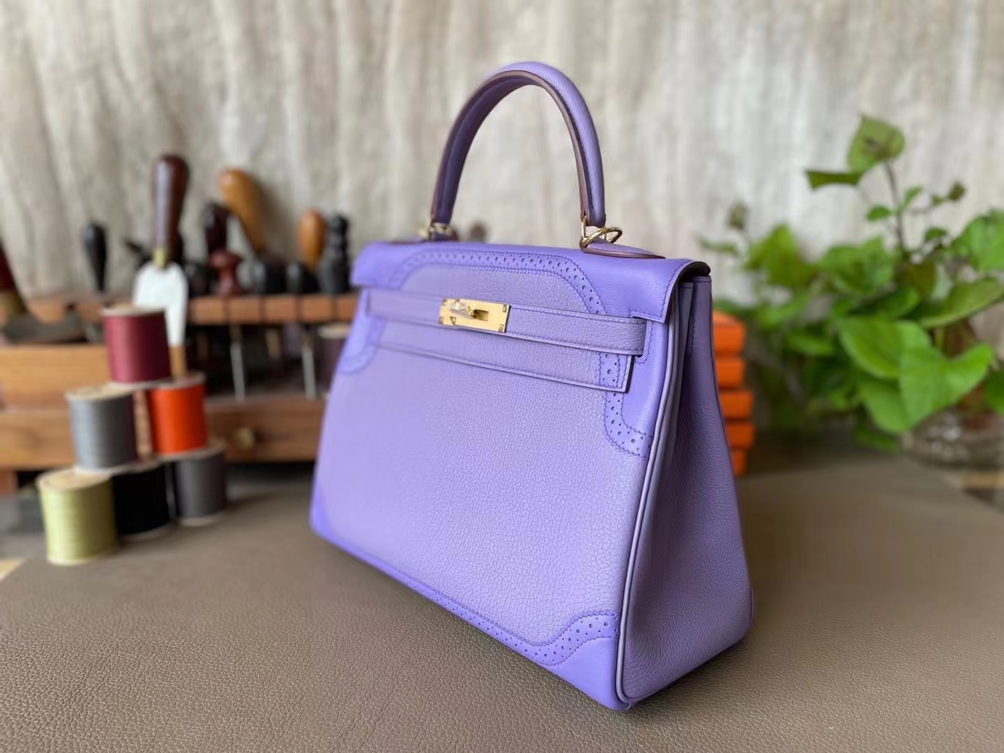 Hermès（爱马仕）Kelly 凯莉包 蕾丝 香芋紫 Togo 拼 swift 皮 金扣 28cm