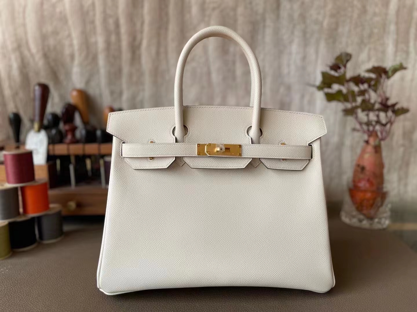 Hermès（爱马仕）Birkin 铂金包 奶昔白 内拼 焦糖色 内缝 Epsom掌纹皮 金扣 30cm