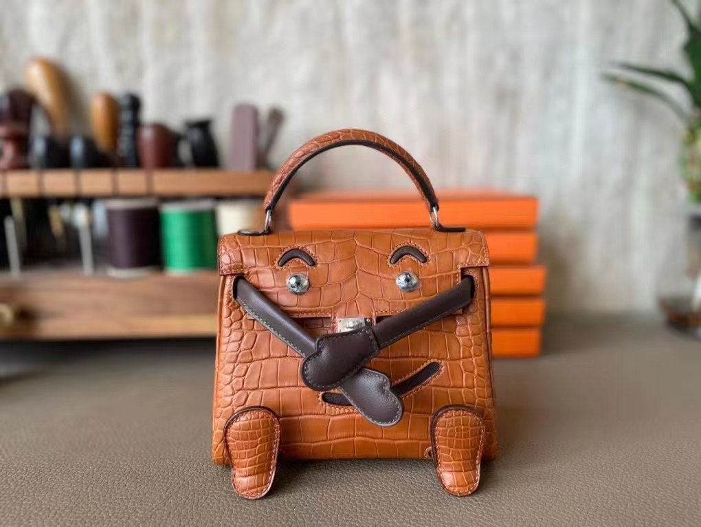 Hermès（爱马仕）Kelly doll 娃娃包 金棕色 拼 乌木色 雾面美洲鳄鱼 Swfit 银扣