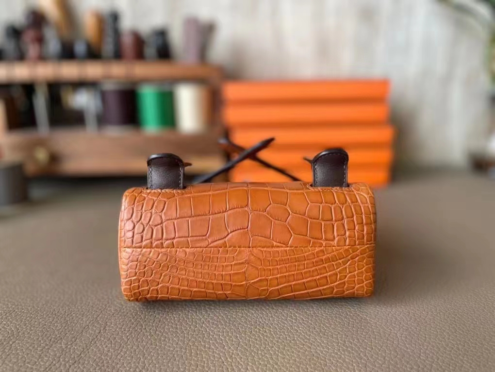 Hermès（爱马仕）Kelly doll 娃娃包 金棕色 拼 乌木色 雾面美洲鳄鱼 Swfit 银扣