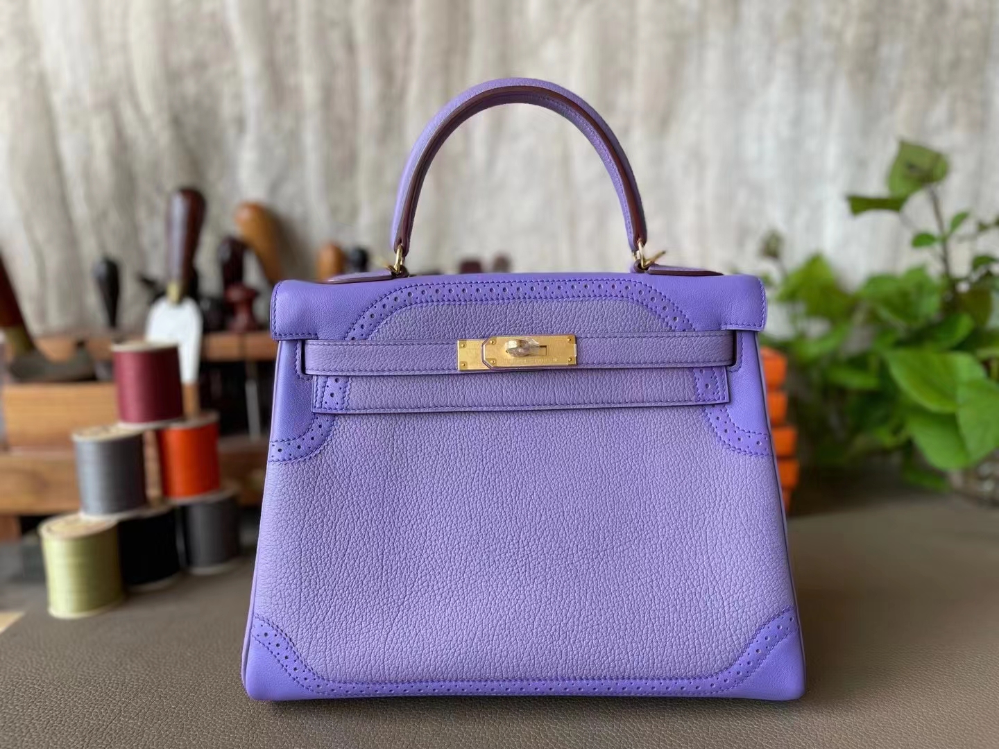 Hermès（爱马仕）Kelly 凯莉包 蕾丝 香芋紫 Togo 拼 swift 皮 金扣 28cm