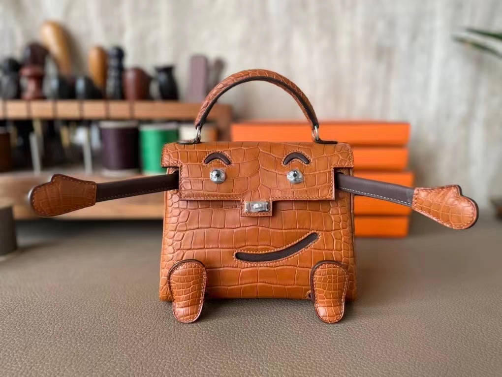 Hermès（爱马仕）Kelly doll 娃娃包 金棕色 拼 乌木色 雾面美洲鳄鱼 Swfit 银扣
