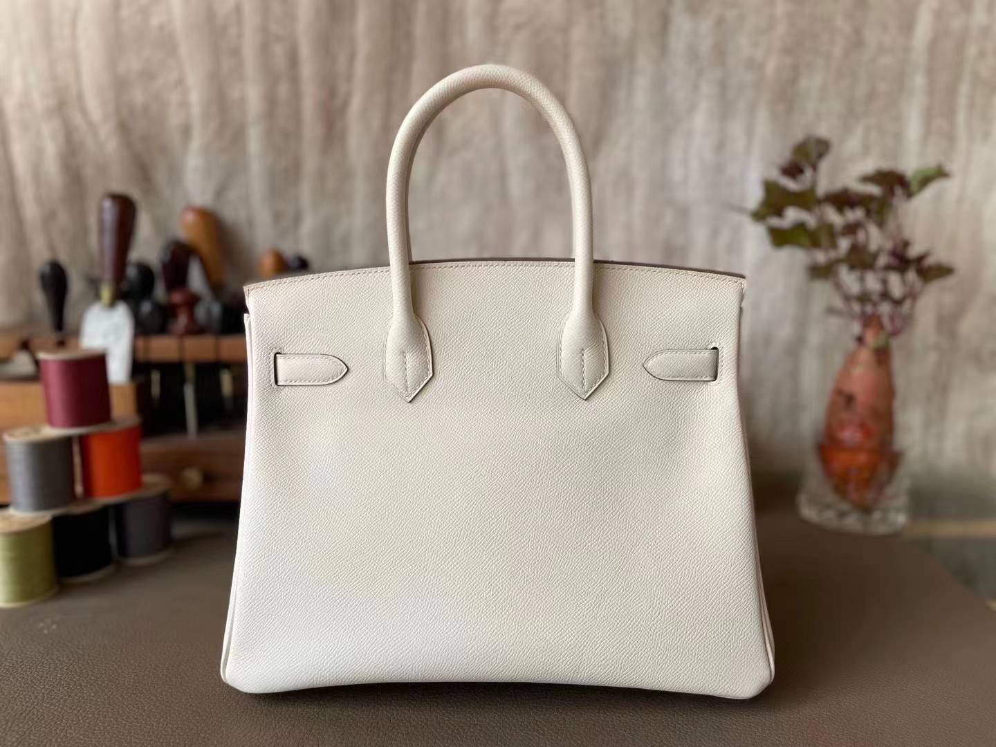 Hermès（爱马仕）Birkin 铂金包 奶昔白 内拼 焦糖色 内缝 Epsom掌纹皮 金扣 30cm