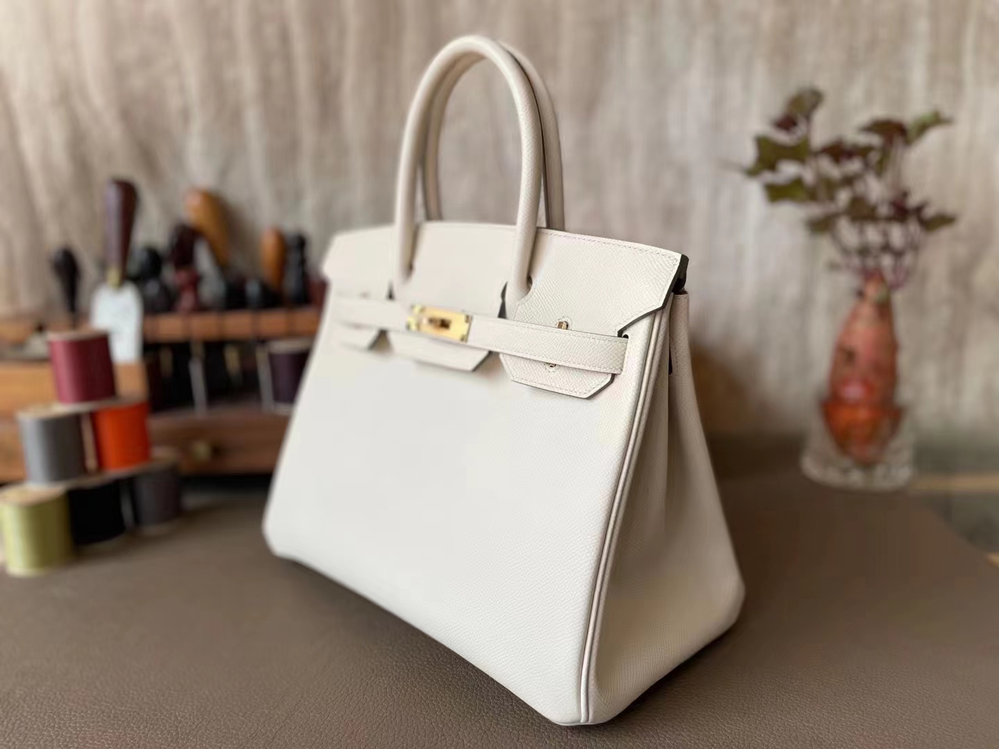 Hermès（爱马仕）Birkin 铂金包 奶昔白 内拼 焦糖色 内缝 Epsom掌纹皮 金扣 30cm