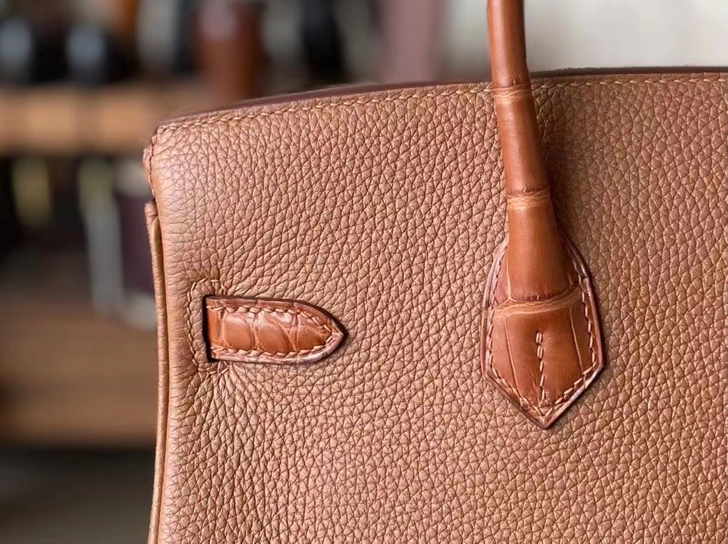 Hermès（爱马仕）Birkin Touch 金棕色 TOGO 拼 雾面美洲鳄 银扣 25cm