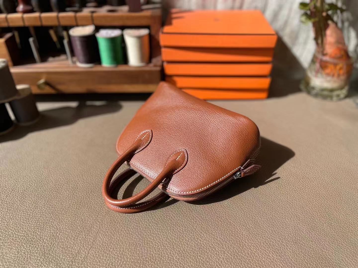 Hermès（爱马仕）mini bolide 迷你保龄球 金棕色 山羊皮 银扣 18cm