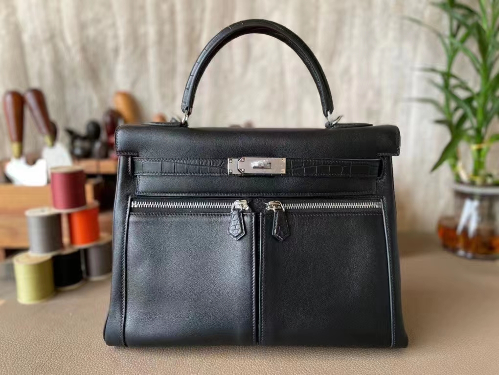 Hermès（爱马仕）kelly lakis  黑色 Swfit 拼 雾面湾鳄 银扣 32cm