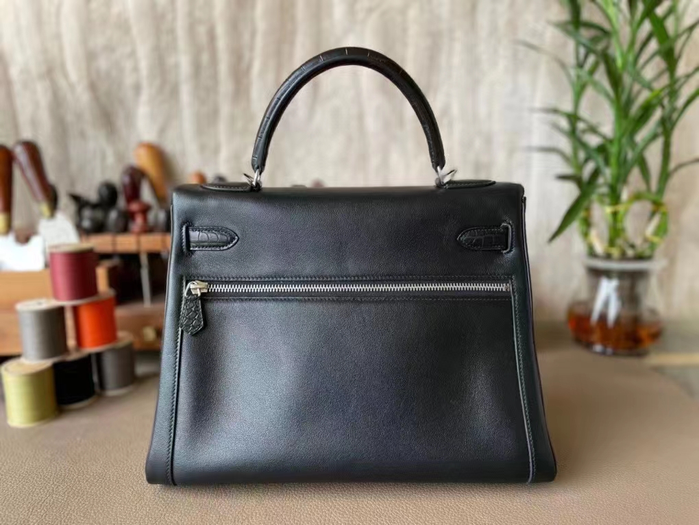 Hermès（爱马仕）kelly lakis  黑色 Swfit 拼 雾面湾鳄 银扣 32cm