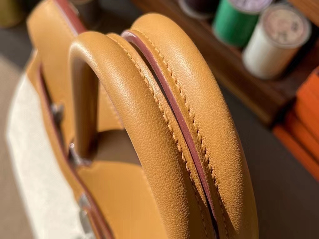 Hermès（爱马仕）Birkin 布丁 饼干色 拼 米白色 Swift 皮 拼 帆布 银扣 30cm