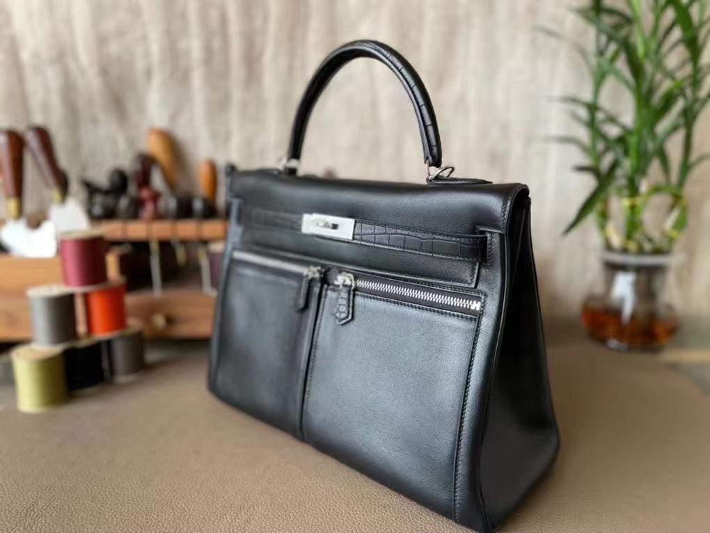 Hermès（爱马仕）kelly lakis  黑色 Swfit 拼 雾面湾鳄 银扣 32cm
