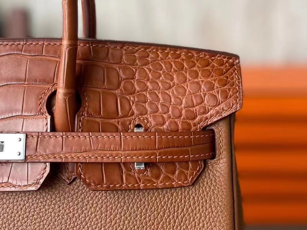 Hermès（爱马仕）Birkin Touch 金棕色 TOGO 拼 雾面美洲鳄 银扣 25cm