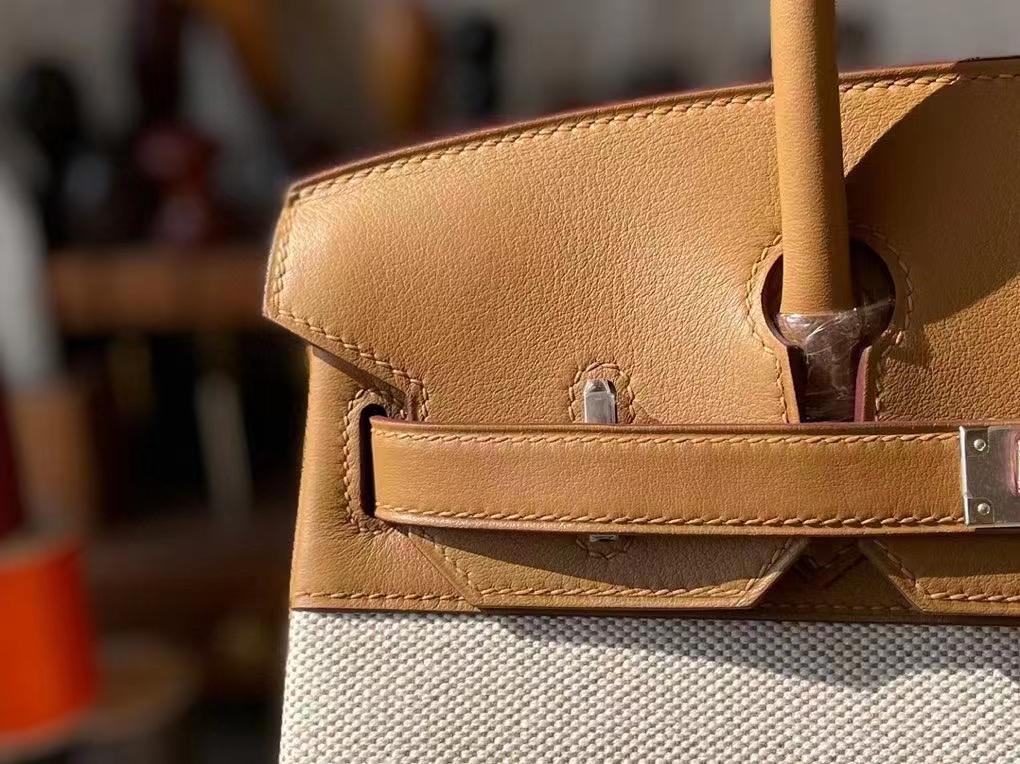 Hermès（爱马仕）Birkin 布丁 饼干色 拼 米白色 Swift 皮 拼 帆布 银扣 30cm