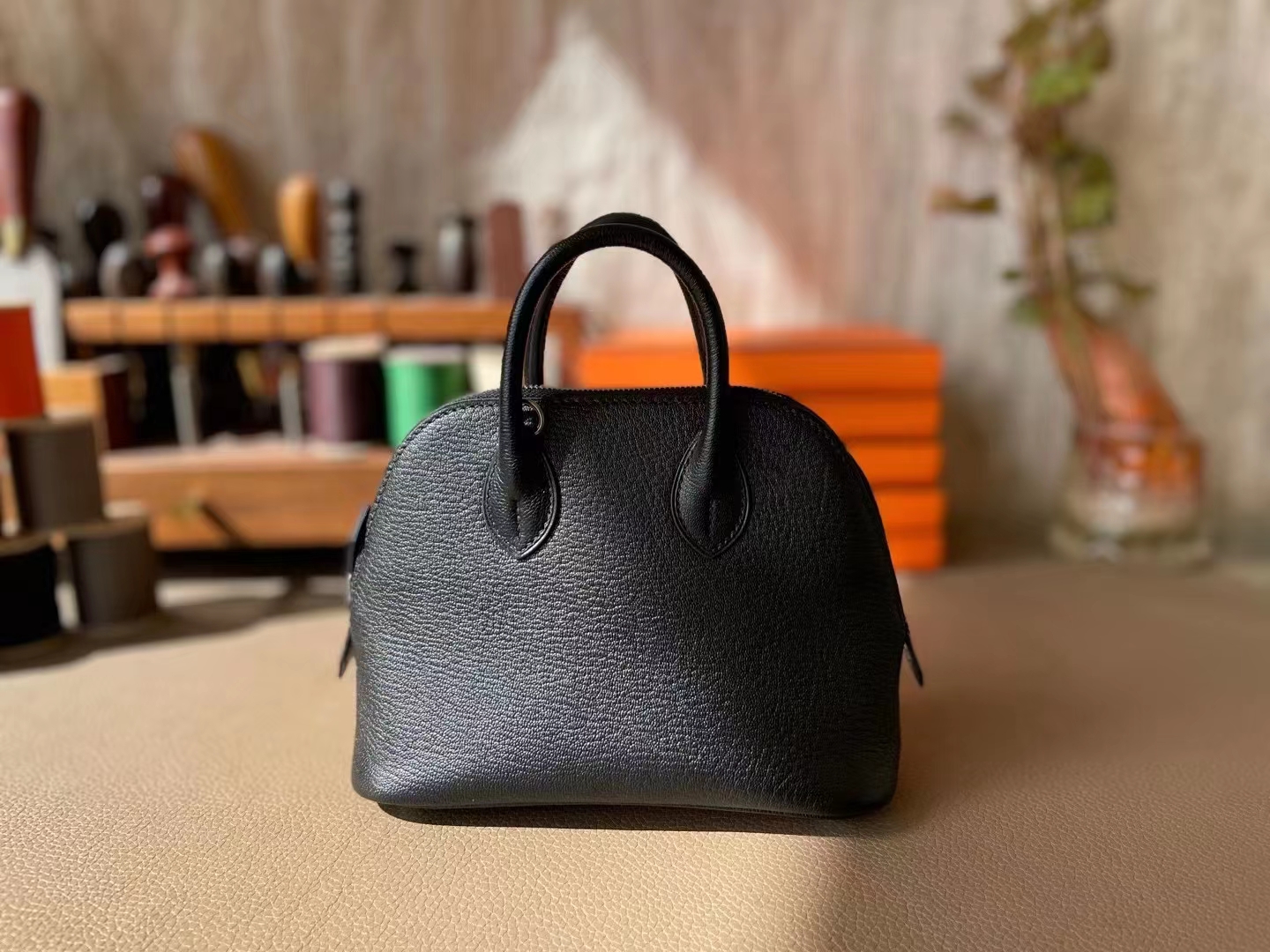 Hermès（爱马仕）mini bolide 迷你保龄球 黑色 山羊皮 银扣 18cm