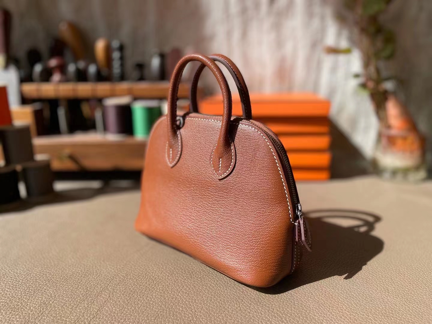 Hermès（爱马仕）mini bolide 迷你保龄球 金棕色 山羊皮 银扣 18cm