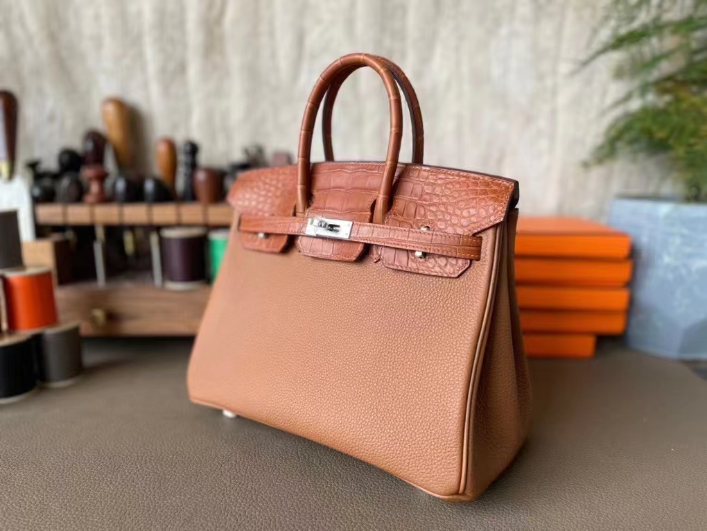 Hermès（爱马仕）Birkin Touch 金棕色 TOGO 拼 雾面美洲鳄 银扣 25cm