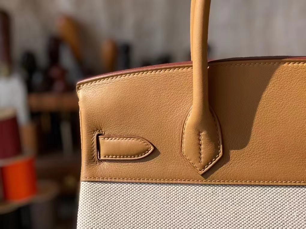 Hermès（爱马仕）Birkin 布丁 饼干色 拼 米白色 Swift 皮 拼 帆布 银扣 30cm