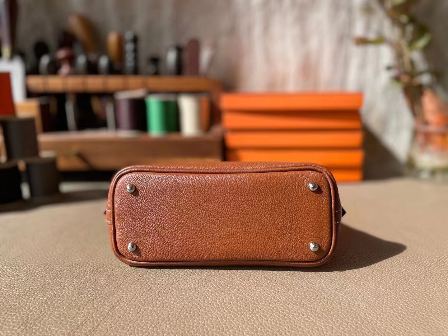 Hermès（爱马仕）mini bolide 迷你保龄球 金棕色 山羊皮 银扣 18cm