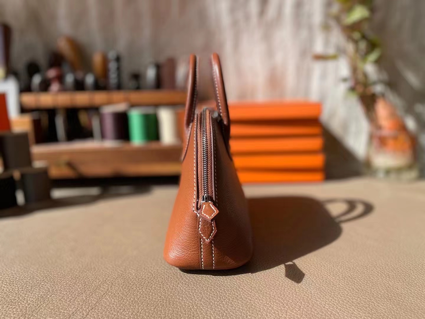 Hermès（爱马仕）mini bolide 迷你保龄球 金棕色 山羊皮 银扣 18cm