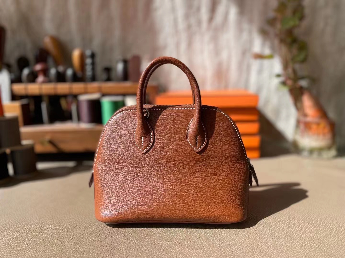 Hermès（爱马仕）mini bolide 迷你保龄球 金棕色 山羊皮 银扣 18cm