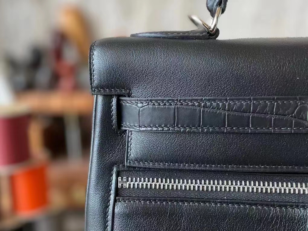 Hermès（爱马仕）kelly lakis  黑色 Swfit 拼 雾面湾鳄 银扣 32cm