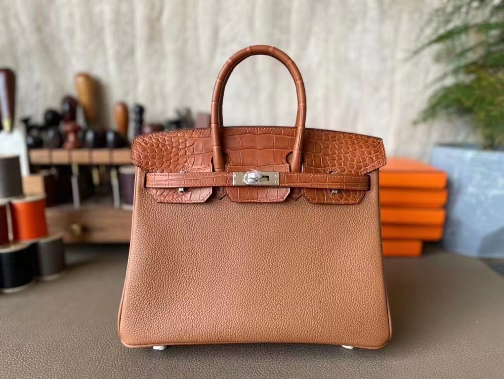 Hermès（爱马仕）Birkin Touch 金棕色 TOGO 拼 雾面美洲鳄 银扣 25cm