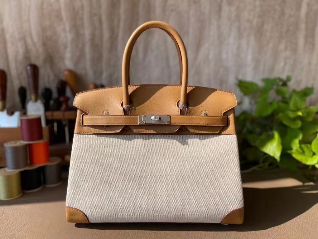 Hermès（爱马仕）Birkin 布丁 饼干色 拼 米白色 Swift 皮 拼 帆布 银扣 30cm